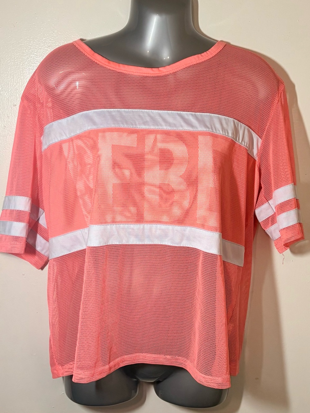 BEBE Sport Coral Pink Sheer Mesh Athletic Tee Shirt Logo Size XL